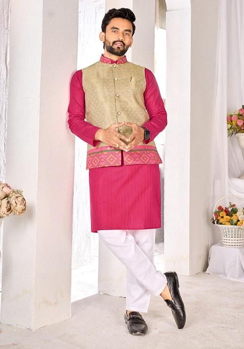 Pink Embroidery Cotton Kurta With Pyjama