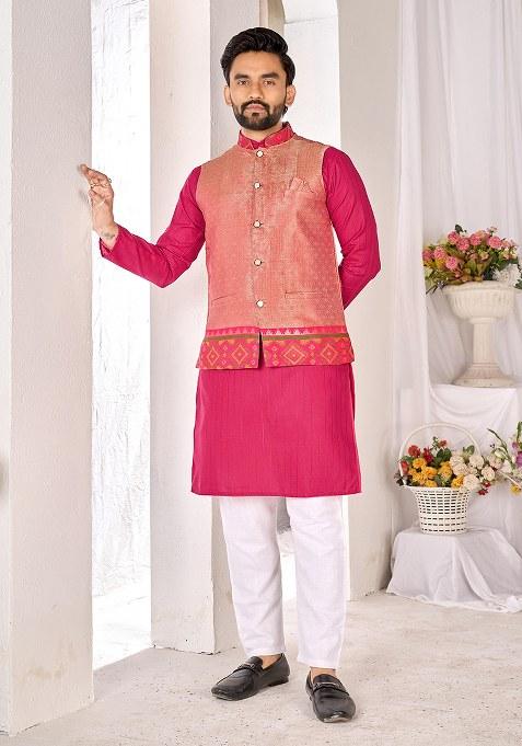 Pink Embroidery Cotton Kurta With Pyjama