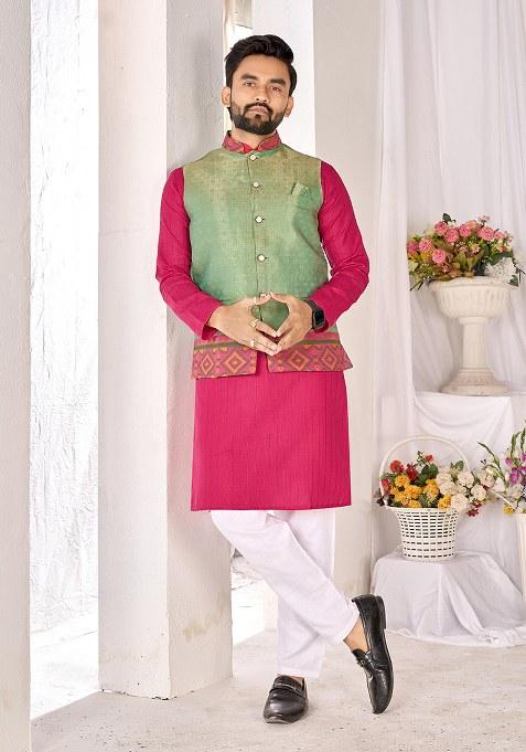 Pink Embroidery Cotton Kurta With Pyjama