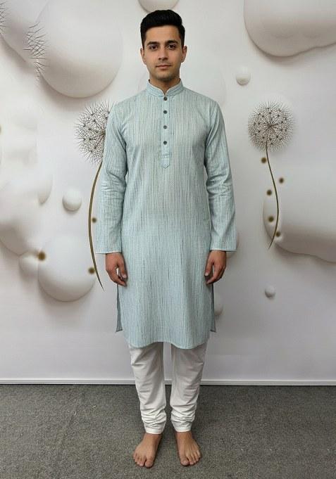Sky Blue Embroidery Khadi Linen Kurta With Pyjama