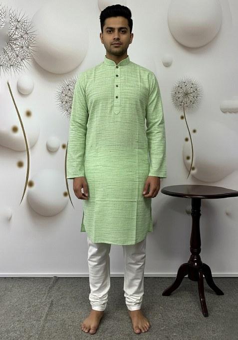 Light Green Embroidery Khadi Linen Kurta With Pyjama