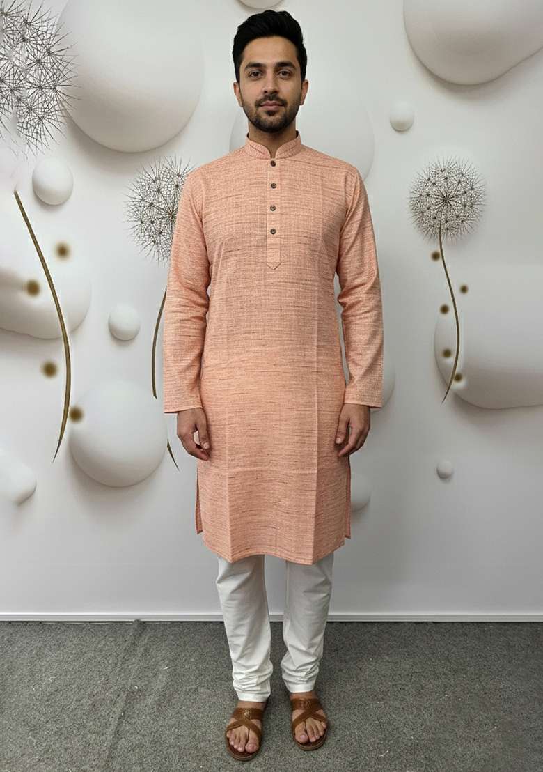 Peach Solid Linen Kurta - Indya