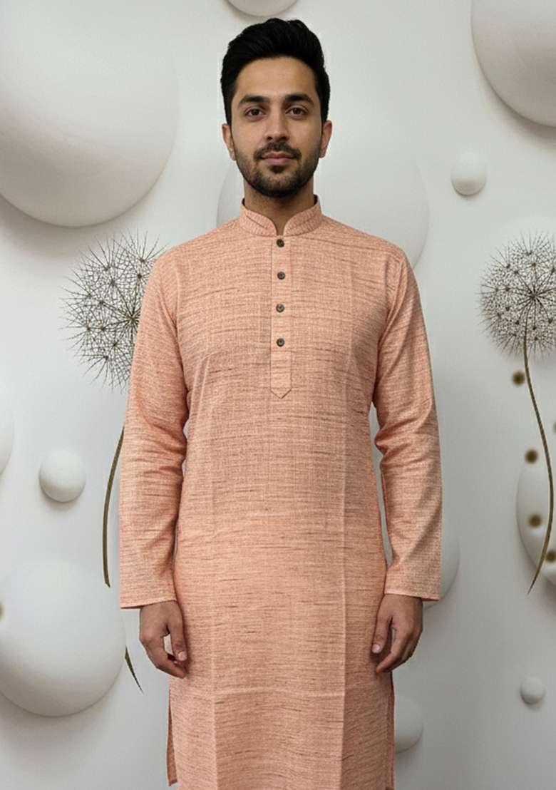 Peach Solid Linen Kurta - Indya