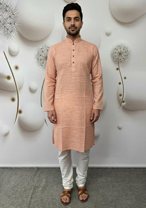 Peach Embroidery Khadi Linen Kurta With Pyjama
