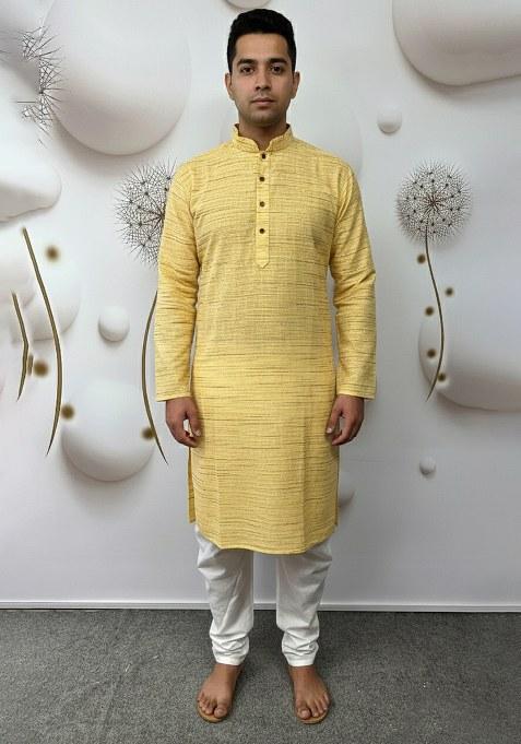 Yellow Embroidery Khadi Linen Kurta With Pyjama