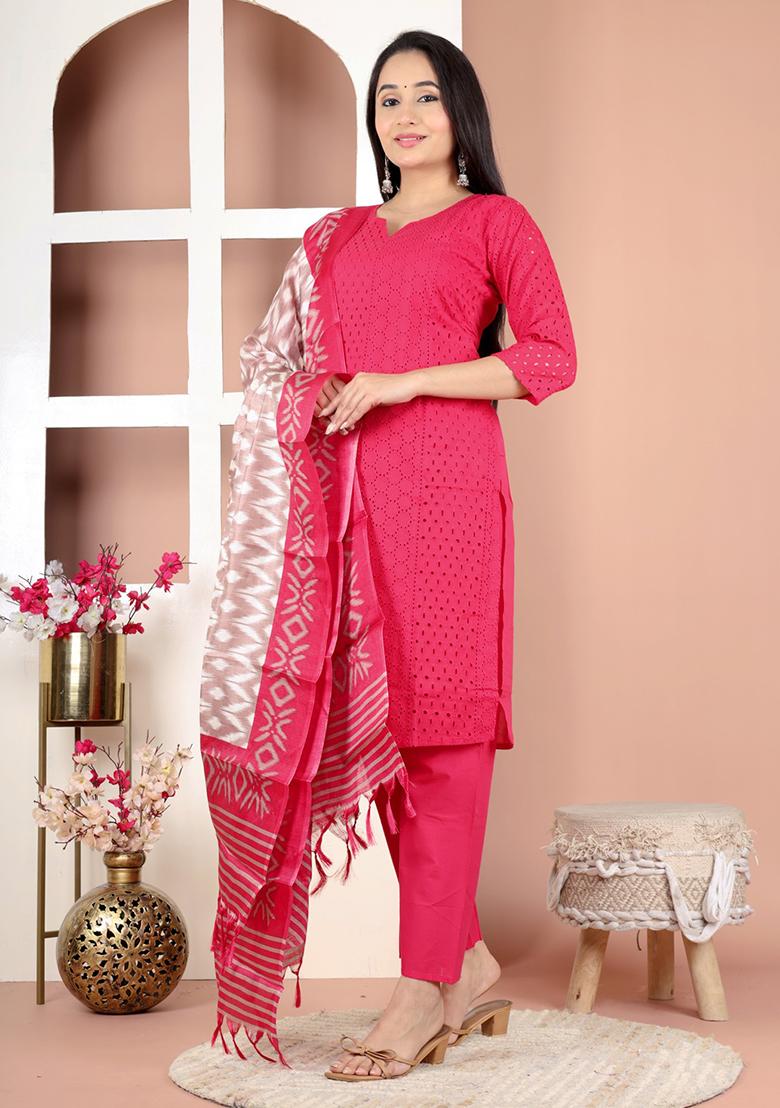 Rani Pink Embroidered Shiffley Kurta Set - Indya