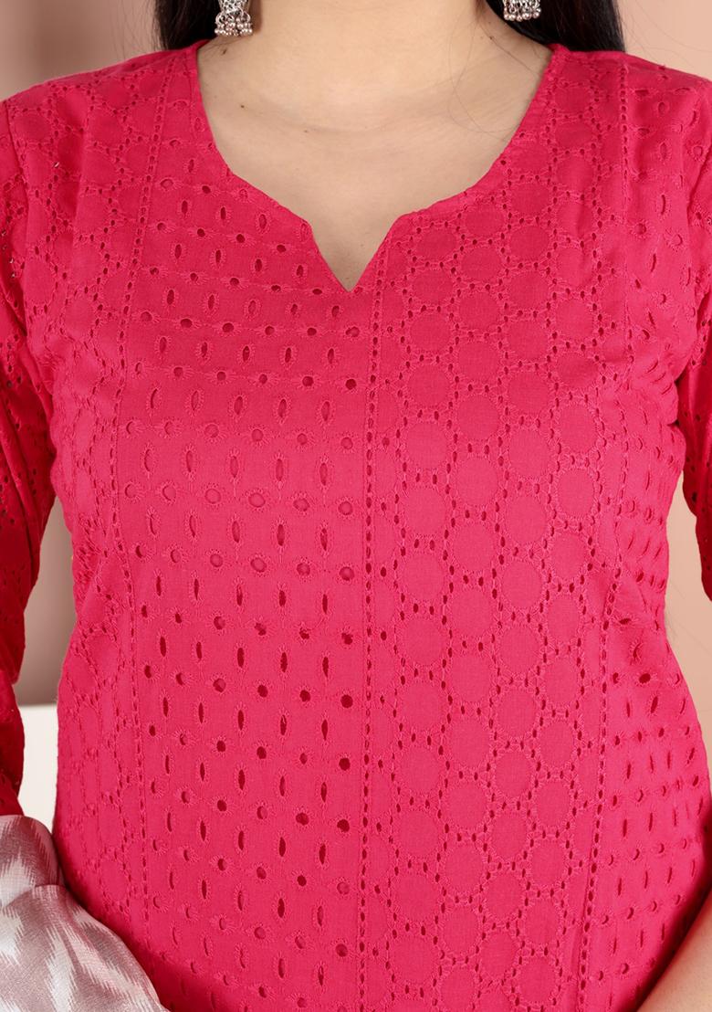Rani Pink Embroidered Shiffley Kurta Set - Indya