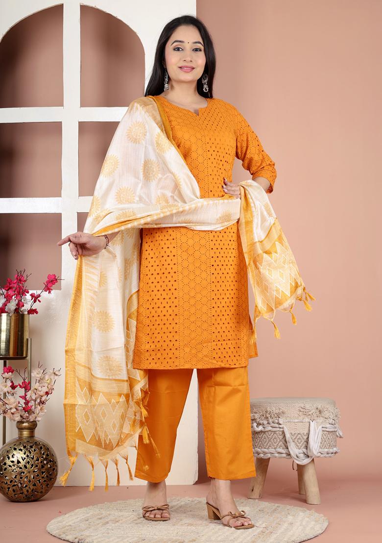 Mustard Embroidered Shiffley Kurta Set - Indya