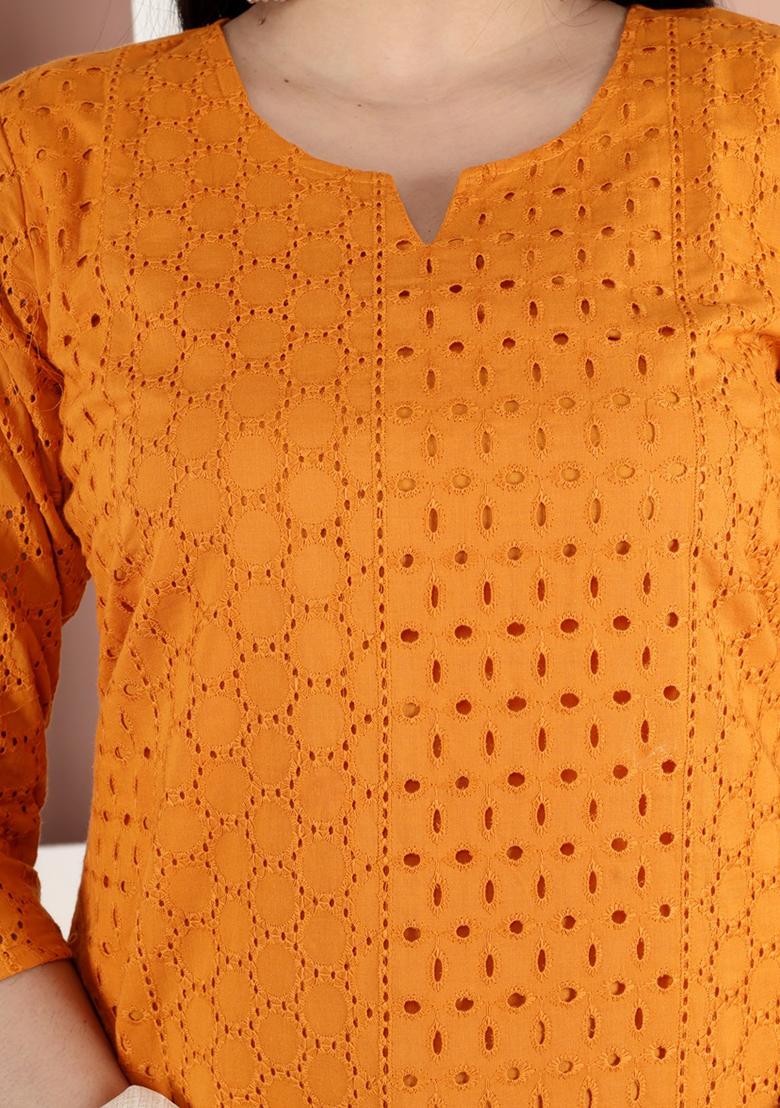 Mustard Embroidered Shiffley Kurta Set - Indya