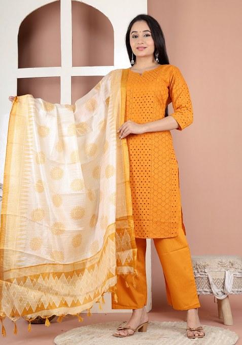 Mustard Embroidered Shiffley Kurta Set