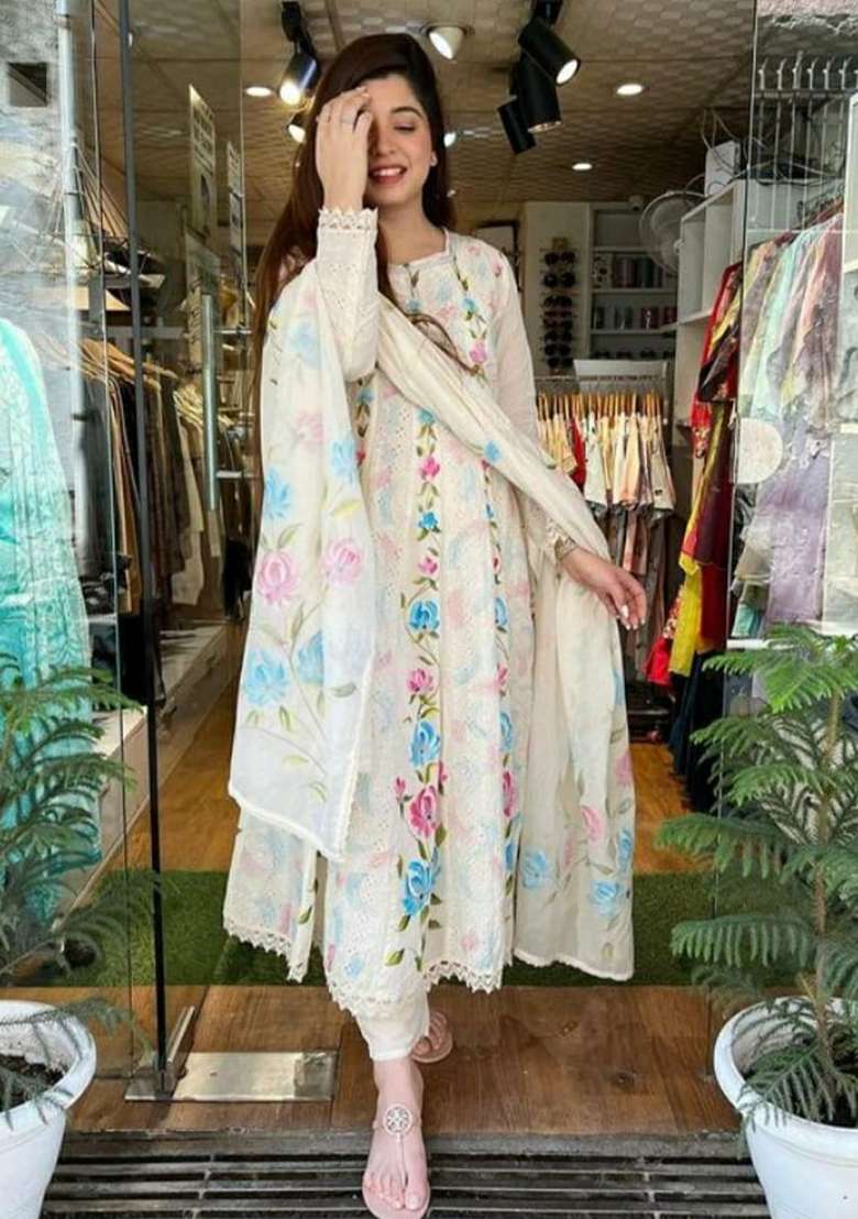 White Embroidered Shiffley Kurta Set - Indya