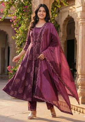Purple Embroidered Cotton Kurta Set