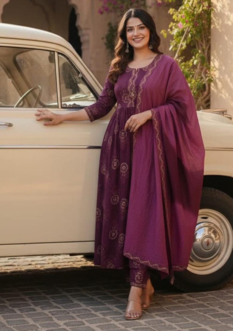 Purple Embroidered Cotton Kurta Set - Indya