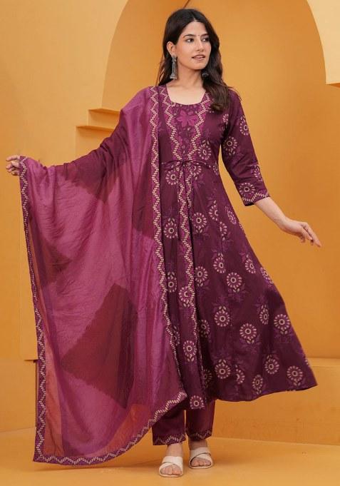 Raspberry Embroidered Cotton Kurta Set