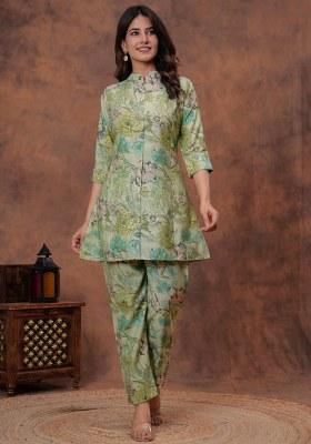 Green Printed Muslin Kurta Set
