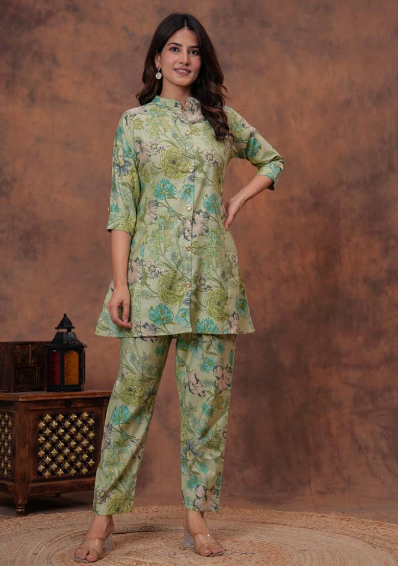 Green Printed Muslin Kurta Set - Indya