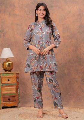 Grey Printed Muslin Kurta Set