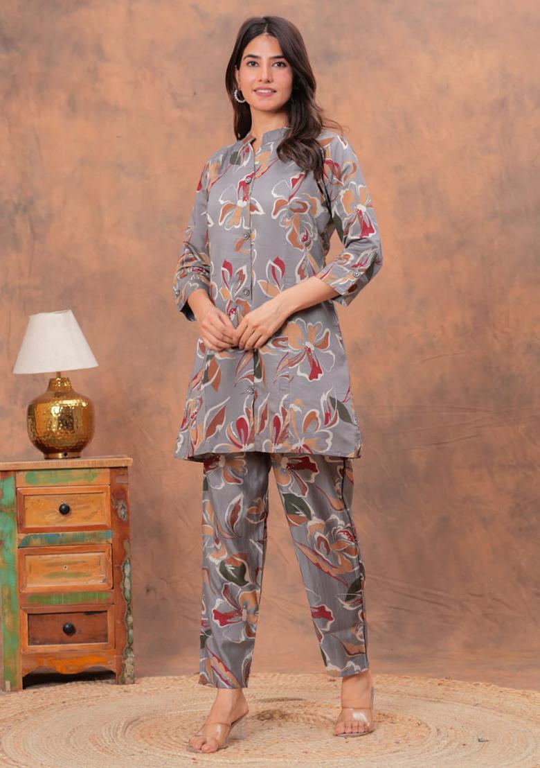 Grey Printed Muslin Kurta Set - Indya