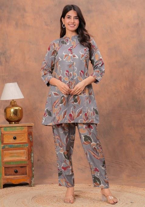 Grey Printed Muslin Kurta Set