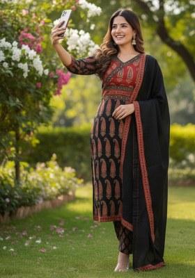 Dark Multicolor Embroidered Cotton Kurta Set