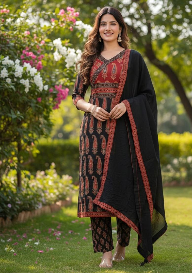 Dark Multicolor Embroidered Cotton Kurta Set - Indya