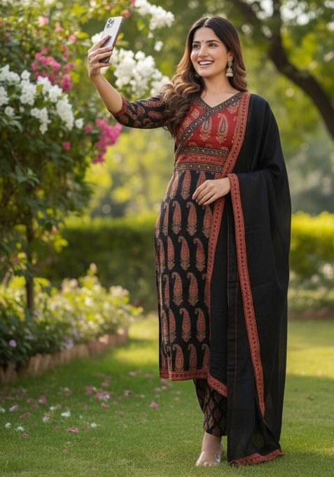 Dark Multicolor Embroidered Cotton Kurta Set