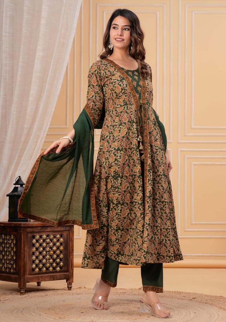 Green Embroidered Cotton Kurta Set - Indya