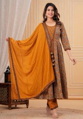 Mustard Embroidered Cotton Kurta Set