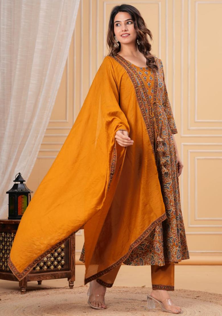 Mustard Embroidered Cotton Kurta Set - Indya