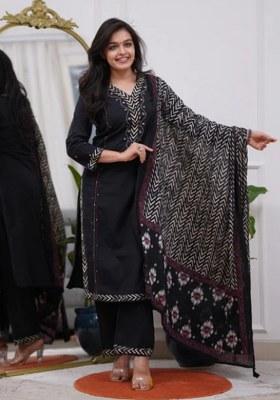 Black Embroidered Cotton Kurta Set