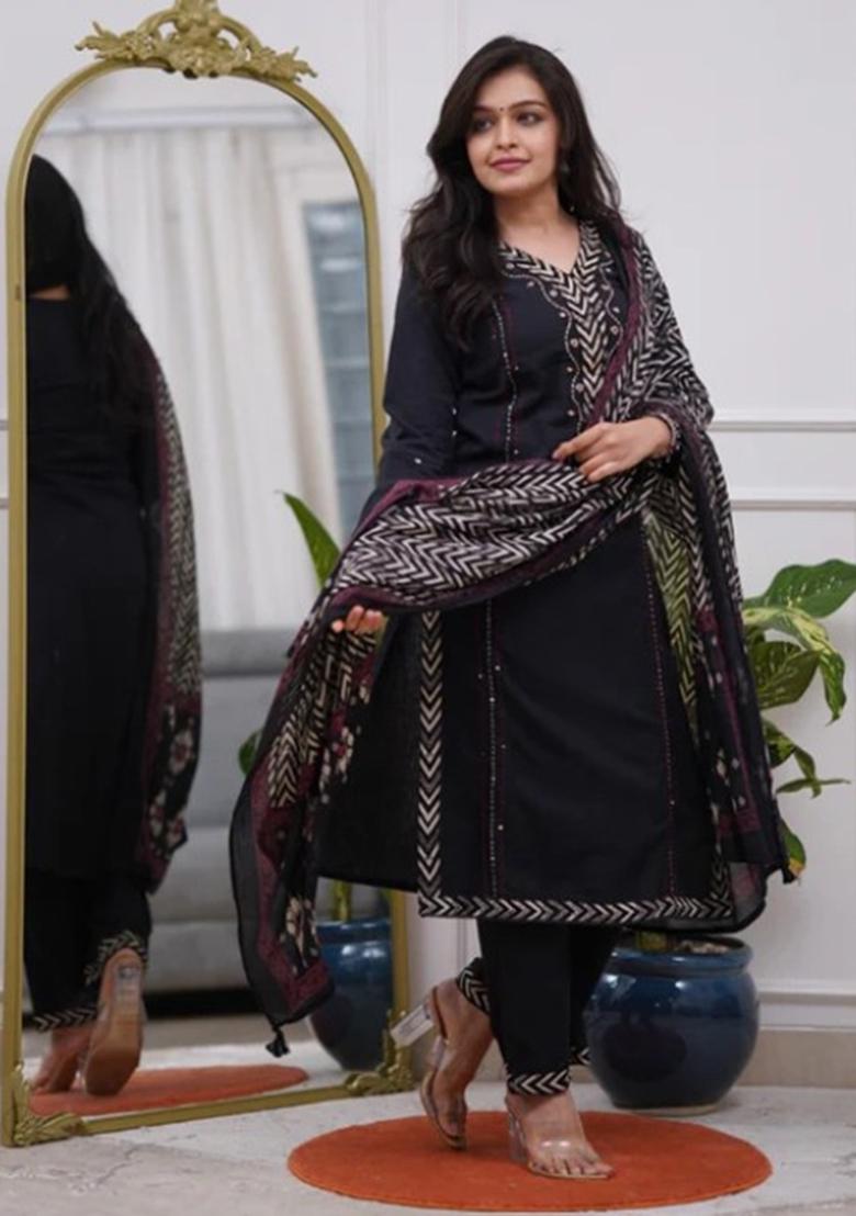 Black Embroidered Cotton Kurta Set - Indya