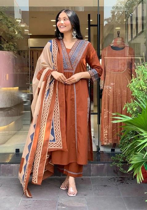 Orange Embroidered Cotton Blend Kurta Set