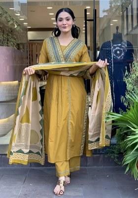 Mustard Embroidered Cotton Blend Kurta Set