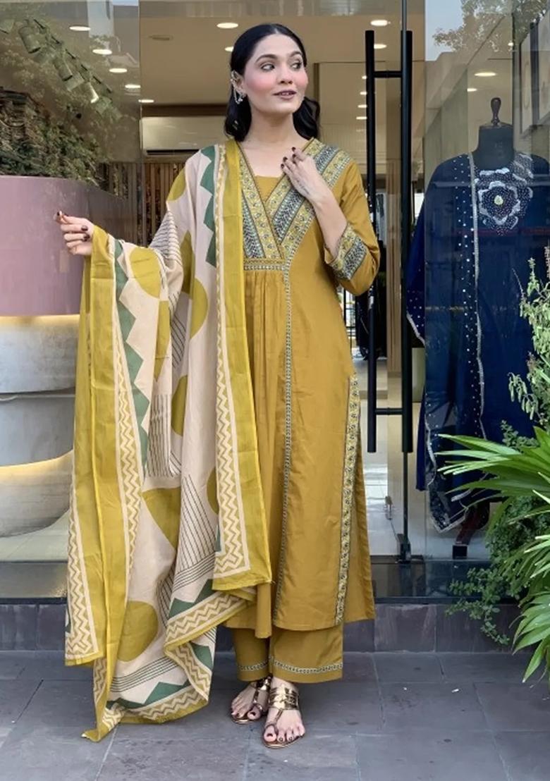 Mustard Embroidered Cotton Blend Kurta Set - Indya