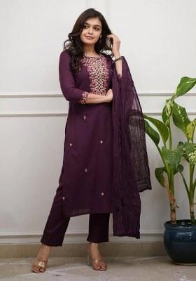 Purple Embroidered Cotton Kurta Set