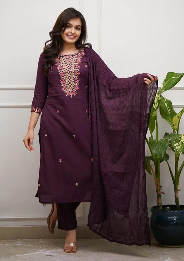 Purple Embroidered Cotton Kurta Set - Indya
