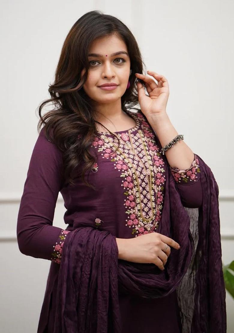 Purple Embroidered Cotton Kurta Set - Indya
