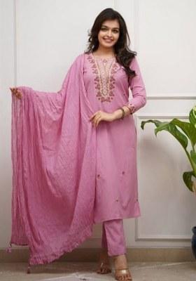 Pink Embroidered Cotton Kurta Set