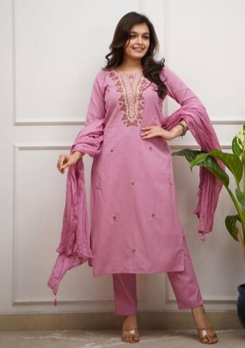 Pink Embroidered Cotton Kurta Set - Indya