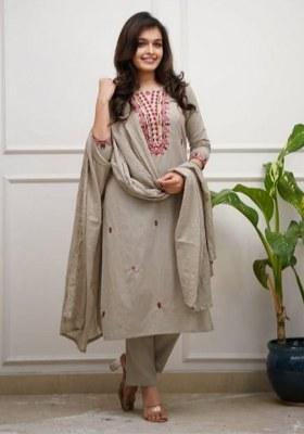 Beige Embroidered Cotton Kurta Set