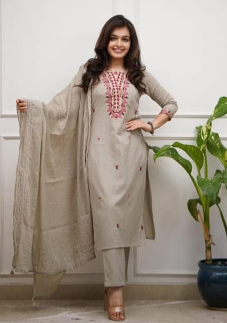 Beige Embroidered Cotton Kurta Set - Indya