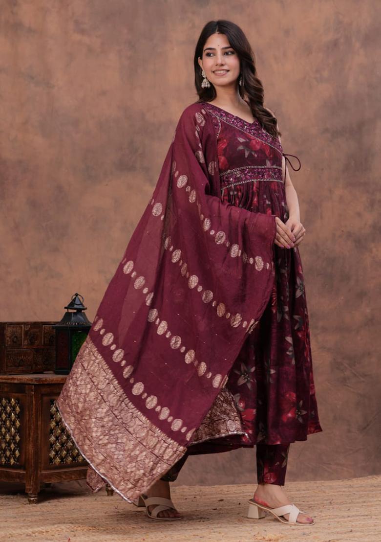 Maroon Embroidered Muslin Modal Chanderi Kurta Set - Indya