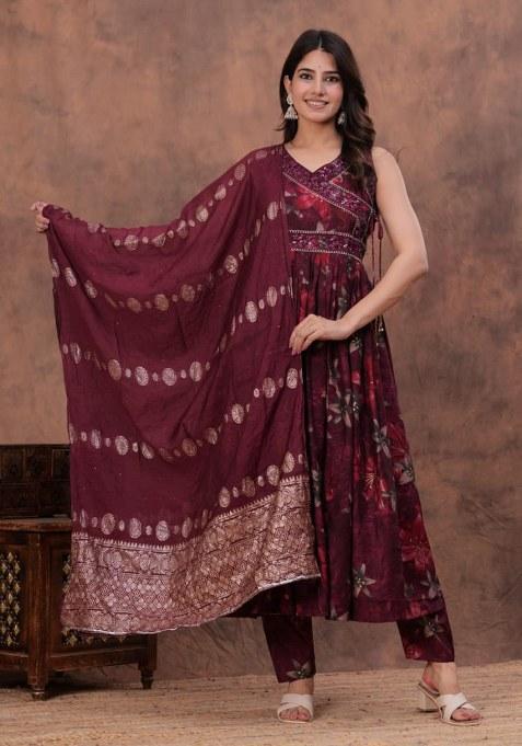 Maroon Embroidered Muslin Modal Chanderi Kurta Set