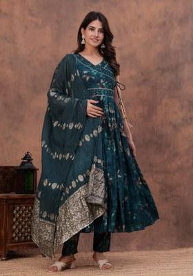 Teal Green Embroidered Muslin Modal Chanderi Kurta Set