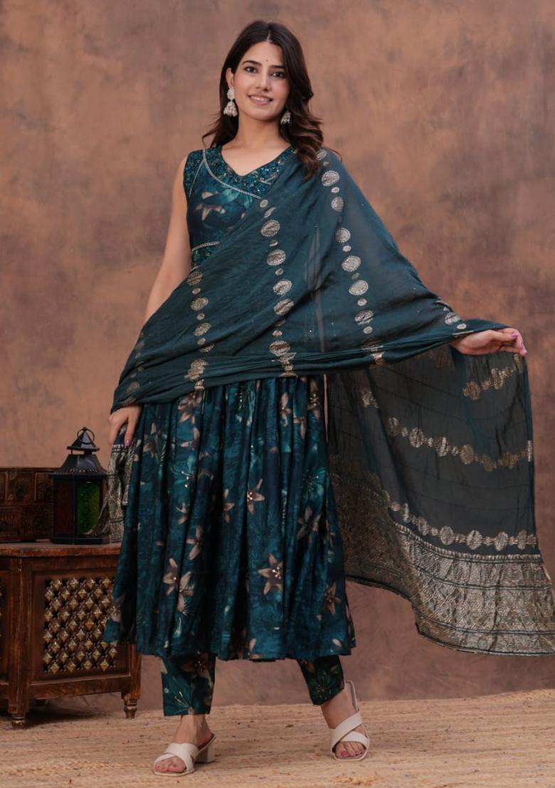 Teal Green Embroidered Muslin Modal Chanderi Kurta Set - Indya