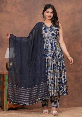 Blue Embroidered Muslin Modal Chanderi Kurta Set