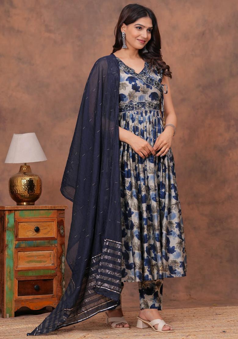 Blue Embroidered Muslin Modal Chanderi Kurta Set - Indya