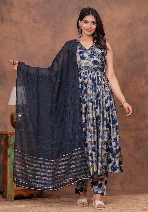 Blue Embroidered Muslin Modal Chanderi Kurta Set