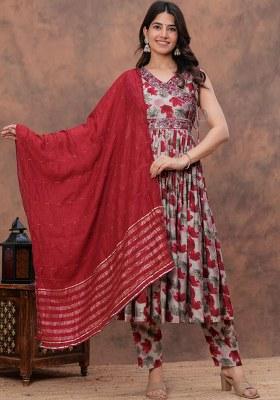 Red Embroidered Muslin Modal Chanderi Kurta Set