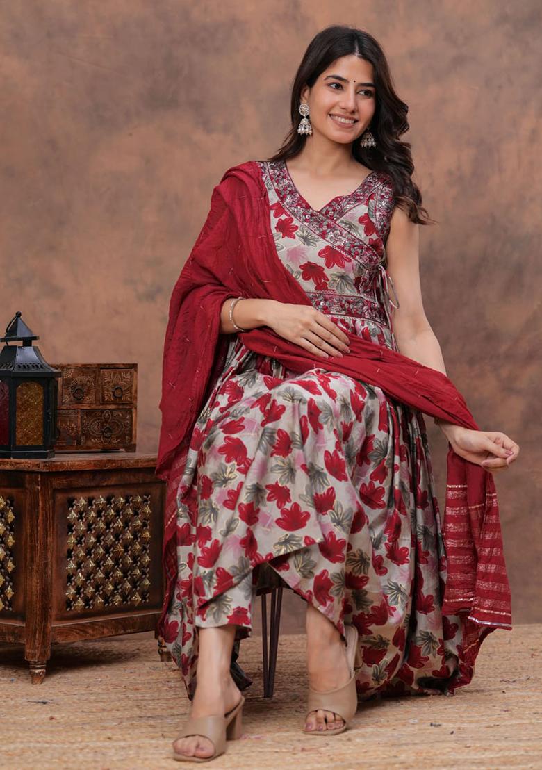 Red Embroidered Muslin Modal Chanderi Kurta Set - Indya